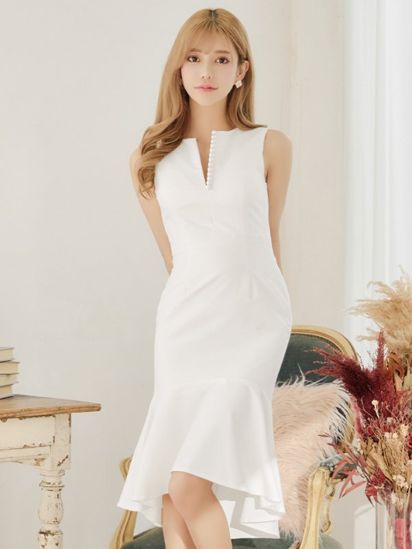 画像14: 【VELIQUE/ヴェリーク】ワンカラー/ パール/ ノースリーブ/ 裾フリル/ マーメイド/ ワンピース/ ひざ丈/ ミディアムドレス/ キャバドレス【HC02】