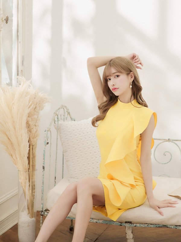 画像10: 【VELIQUE/ヴェリーク】シンプル/ ワンカラー/ 袖フリル/ ハイネック/ ノースリーブ/ タイト/ ミディアムドレス/ キャバドレス【HC02】