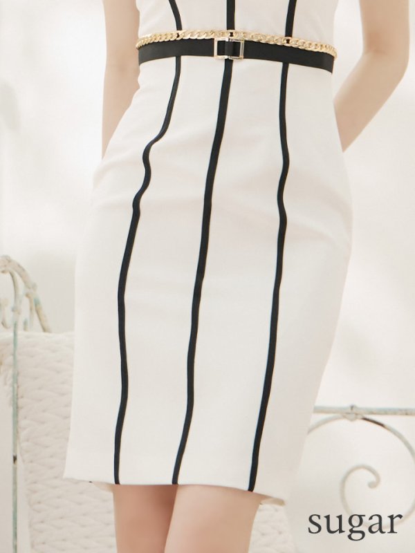 画像11: 【VELIQUE/ヴェリーク】シンプル/ バイカラー/ パイピング/ ベルト/ チェーン/ ノースリーブ/ タイト/ミディアムドレス/ キャバドレス【HC02】