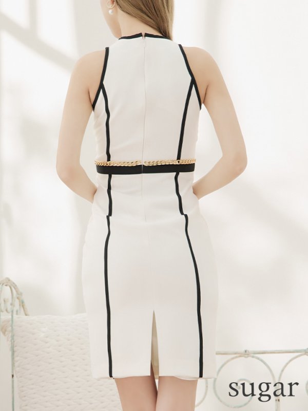 画像9: 【VELIQUE/ヴェリーク】シンプル/ バイカラー/ パイピング/ ベルト/ チェーン/ ノースリーブ/ タイト/ミディアムドレス/ キャバドレス【HC02】