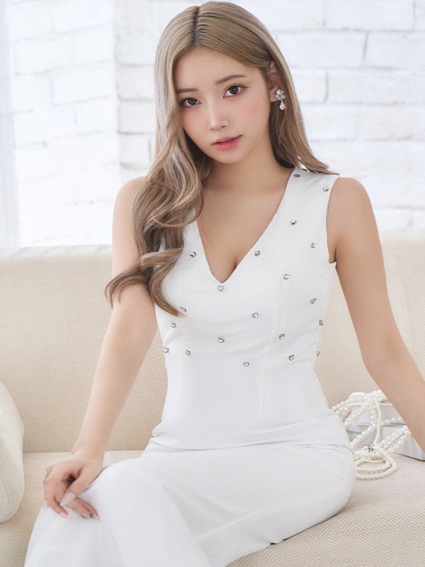 画像7: Lサイズあり【VELIQUE/ヴェリーク】マーメイド/ ハートビジュー/ ワンカラー/ Vネック/ ノースリーブ/ ロングドレス/ キャバドレス long【HC02】