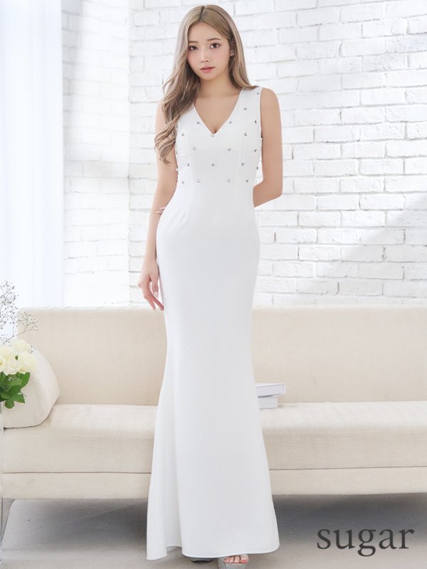 画像11: Lサイズあり【VELIQUE/ヴェリーク】マーメイド/ ハートビジュー/ ワンカラー/ Vネック/ ノースリーブ/ ロングドレス/ キャバドレス long【HC02】