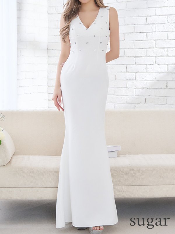 画像12: Lサイズあり【VELIQUE/ヴェリーク】マーメイド/ ハートビジュー/ ワンカラー/ Vネック/ ノースリーブ/ ロングドレス/ キャバドレス long【HC02】