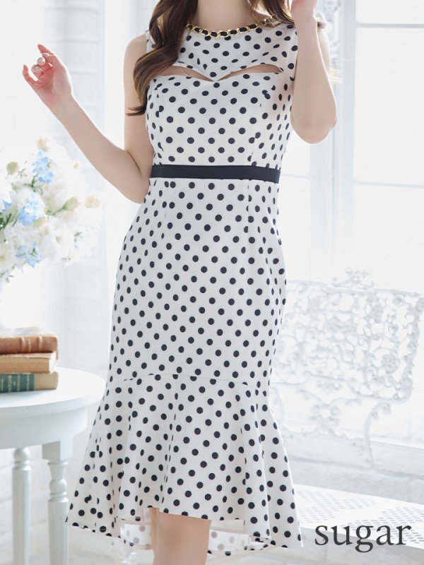 画像8: 【VELIQUE/ヴェリーク】ドットプリント/ 水玉/ チェーン/ カットアウト/ ノースリーブ/ マーメイド/ ひざ丈/ ミディアムドレス/ キャバドレス【HC02】