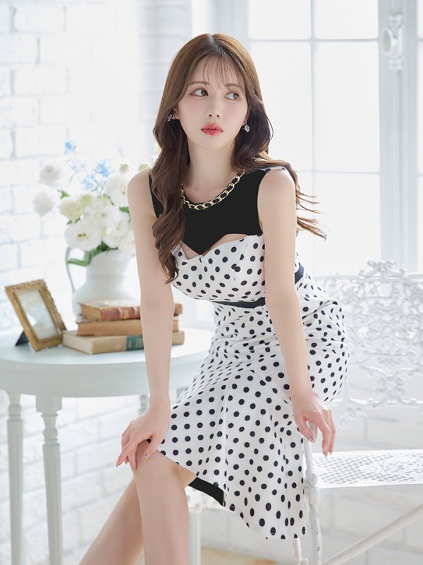 画像12: 【VELIQUE/ヴェリーク】ドットプリント/ 水玉/ チェーン/ カットアウト/ ノースリーブ/ マーメイド/ ひざ丈/ ミディアムドレス/ キャバドレス【HC02】