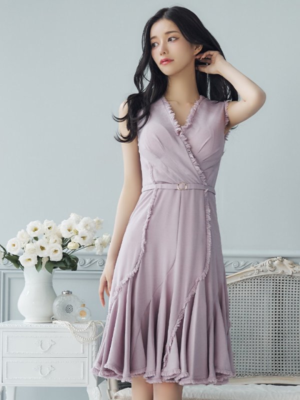 画像6: 【VELIQUE/ヴェリーク】シンプル/ ワンカラー/ フリンジ/ ウエストベルト/ ノースリーブ/ Aライン/ フレア/ 膝丈/ ミディアムドレス/ キャバドレス【HC02】