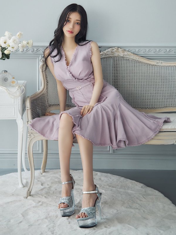 画像9: 【VELIQUE/ヴェリーク】シンプル/ ワンカラー/ フリンジ/ ウエストベルト/ ノースリーブ/ Aライン/ フレア/ 膝丈/ ミディアムドレス/ キャバドレス【HC02】