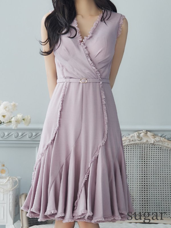 画像11: 【VELIQUE/ヴェリーク】シンプル/ ワンカラー/ フリンジ/ ウエストベルト/ ノースリーブ/ Aライン/ フレア/ 膝丈/ ミディアムドレス/ キャバドレス【HC02】