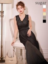 【VELIQUE/ヴェリーク】ドット/ Vネック/ フリル/ ノースリーブ/ ハイウエスト/ Aライン/ フレア/ ワンピース/ ロングドレス/ キャバドレス【HC02】