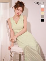 【VELIQUE/ヴェリーク】ドット/ Vネック/ フリル/ ノースリーブ/ ハイウエスト/ Aライン/ フレア/ ワンピース/ ロングドレス/ キャバドレス【HC02】