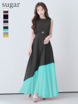 【VELIQUE/ヴェリーク】バイカラー/ ベルト/ ノースリーブ/ フレア/ Aライン/ ロングドレス/ キャバドレスlong【HC02】