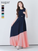 【VELIQUE/ヴェリーク】バイカラー/ ベルト/ ノースリーブ/ フレア/ Aライン/ ロングドレス/ キャバドレスlong【HC02】