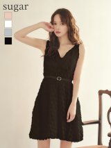 【VELIQUE/ヴェリーク】シャギー/ フリンジ/ ベルトデザイン/ ノースリーブ/ Vネック/ フレア/ ワンピース/ ミニドレス/ キャバドレス【HC02】