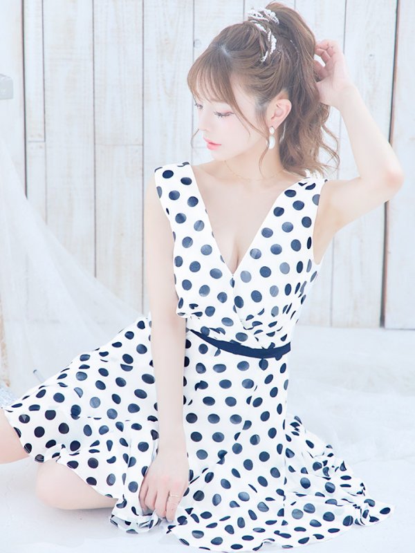 画像5: 【VELIQUE/ヴェリーク】ドット/ Vネック/ノースリーブ/ フレア/ ワンピース/ ミニドレス/ キャバドレス【HC02】