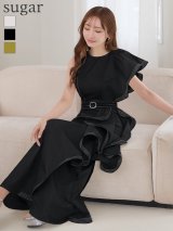 【VELIQUE/ヴェリーク】マーメイド/ 配色ステッチ/ ベルト風/ フリル/ 無地/ アシンメトリー/ ワンピース/ ロングドレス/ キャバドレスlong【HC02】