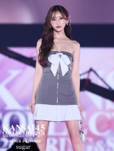 【きこ/関西コレクション着用】XSサイズあり【ANIER./アニエル】【ROBE de FLEURS/ローブドフルール】springstripe ribbon bare mini dress/ リボン/ バイカラー/ ベア/ フレア/ ミニドレス/ キャバドレス[OF08]