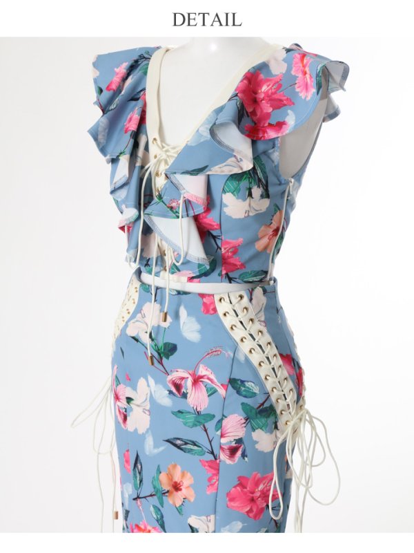 画像6: 即日発送!!【Sifflet/シフレ】フラワープリント /編み上げデザイン/フリル/ セットアップ/ タイト/キャバドレス[HC03]