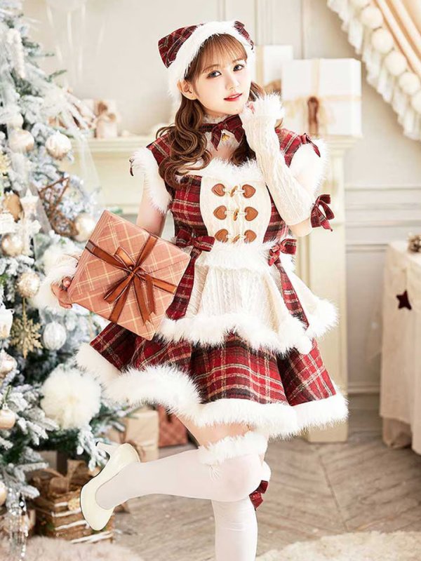 画像1: 【即日発送】ミルキーニットダッフルチェックサンタ《クリスマスコスプレ7点セット》【Malymoon/マリームーン】【2サイズ/1カラー】[OF03]
