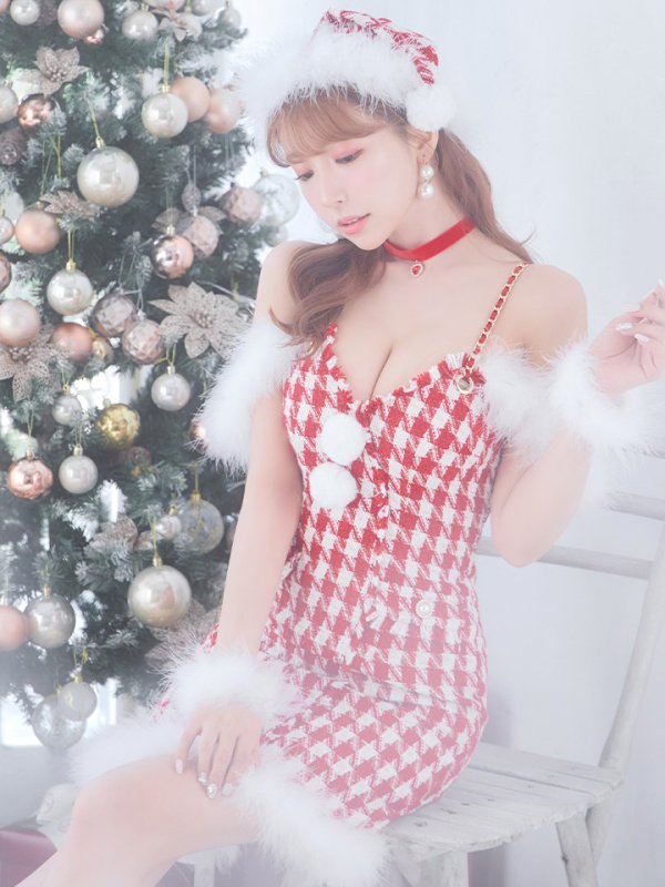 画像3: SALE!【サンタコス5点セット】【S-XLサイズ/1カラー】千鳥柄ツイードキャミドレスサンタコスプレ[YMT]
