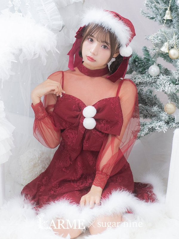 画像1: SALE!【サンタコス 3点セット】【S-XLサイズ/1カラー】チュールスリーブレースリボンサンタコスプレ[YMT]