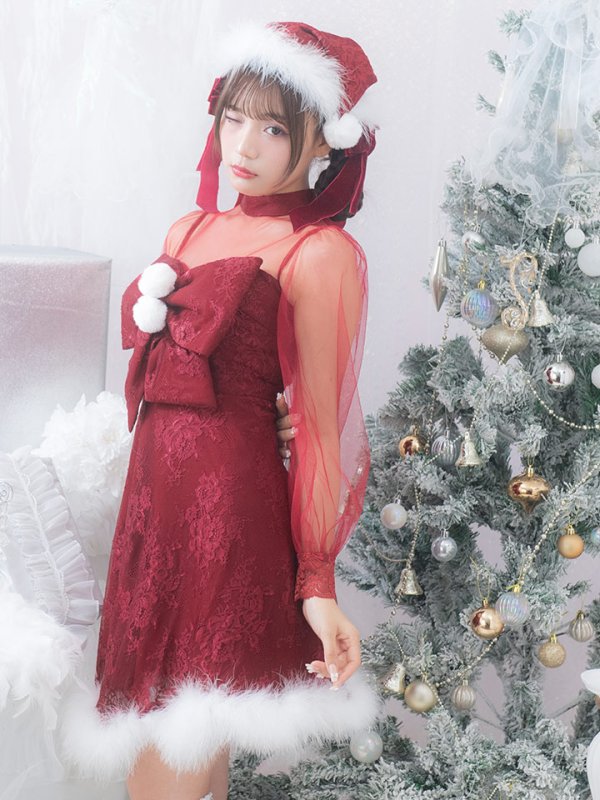 画像11: SALE!【サンタコス 3点セット】【S-XLサイズ/1カラー】チュールスリーブレースリボンサンタコスプレ[YMT]