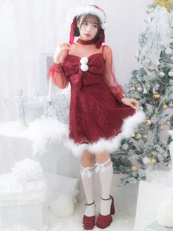 画像13: SALE!【サンタコス 3点セット】【S-XLサイズ/1カラー】チュールスリーブレースリボンサンタコスプレ[YMT]