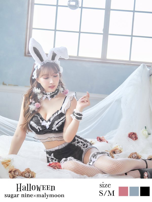 画像1: 【即日発送】【sugar nine×マリームーンコラボ】 セクシーレースバニーコスプレセット【sugar nineハロウィン7点セット】【S-Mサイズ/3カラー】[YMT]