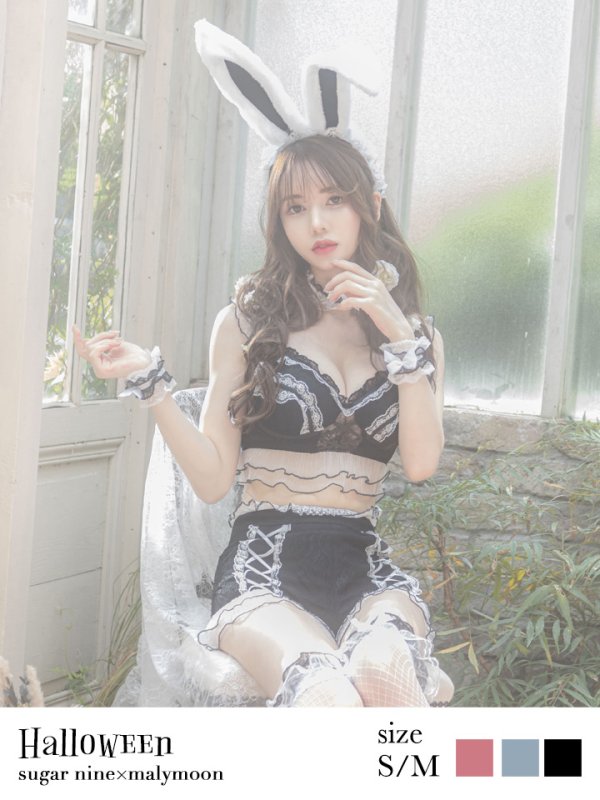 画像1: 【即日発送】【sugar nine×マリームーンコラボ】 セクシーレースバニーコスプレセット【sugar nineハロウィン7点セット】【S-Mサイズ/3カラー】[YMT]