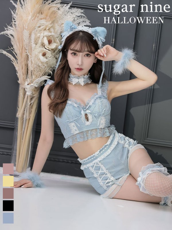 画像1: 【即日発送】【マリームーンコラボ】 セクシーレースキャット【ハロウィンコスプレ6点セット】【XS-Lサイズ/7カラー】[YMT]