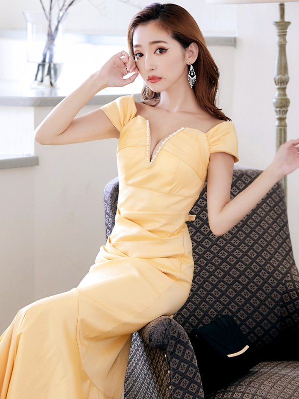 画像15: Lサイズあり【UNA VALERIE / ウナヴァレリェ】マーメイド/ Vネック/オフショル/ バックスピンドル/ ドレープ/ ロングドレス/ キャバドレス[OF05]