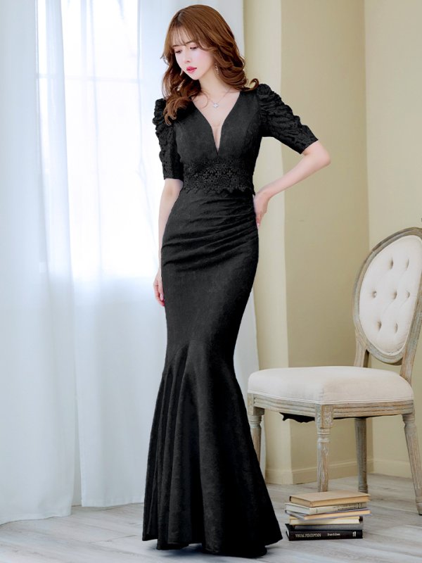 画像10: L-XLサイズあり【UNA VALERIE / ウナヴァレリェ】マーメイド/ 総レース/ Vネック/ 半袖/ 五分袖/ 袖あり/ 切り替えデザイン/ タック/ Aライン/ ロングドレス/ キャバドレス[OF05]