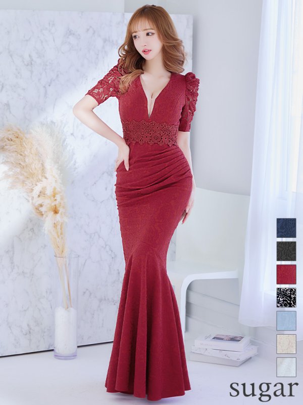 Lサイズあり【UNA VALERIE / ウナヴァレリェ】マーメイド/ 総レース/ Vネック/ 半袖/ 五分袖/ 袖あり/ 切り替えデザイン/ タック/ Aライン/ ロングドレス/ キャバドレス ワインレッド