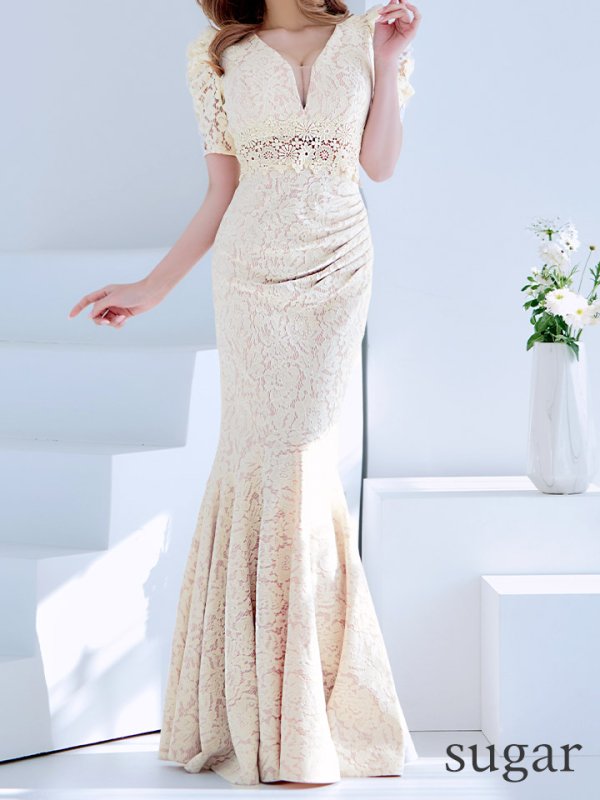 画像18: L-XLサイズあり【UNA VALERIE / ウナヴァレリェ】マーメイド/ 総レース/ Vネック/ 半袖/ 五分袖/ 袖あり/ 切り替えデザイン/ タック/ Aライン/ ロングドレス/ キャバドレス[OF05]