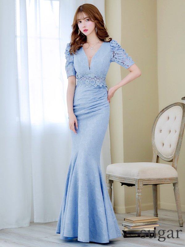 画像7: L-XLサイズあり【UNA VALERIE / ウナヴァレリェ】マーメイド/ 総レース/ Vネック/ 半袖/ 五分袖/ 袖あり/ 切り替えデザイン/ タック/ Aライン/ ロングドレス/ キャバドレス[OF05]