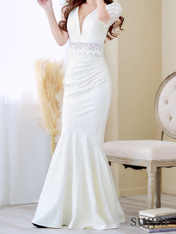 画像15: L-XLサイズあり【UNA VALERIE / ウナヴァレリェ】マーメイド/ 総レース/ Vネック/ 半袖/ 五分袖/ 袖あり/ 切り替えデザイン/ タック/ Aライン/ ロングドレス/ キャバドレス[OF05]