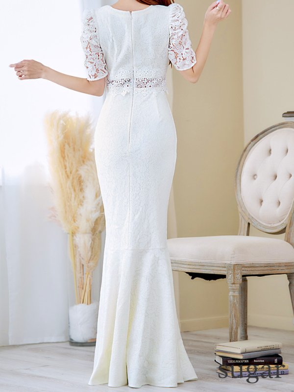 画像16: L-XLサイズあり【UNA VALERIE / ウナヴァレリェ】マーメイド/ 総レース/ Vネック/ 半袖/ 五分袖/ 袖あり/ 切り替えデザイン/ タック/ Aライン/ ロングドレス/ キャバドレス[OF05]