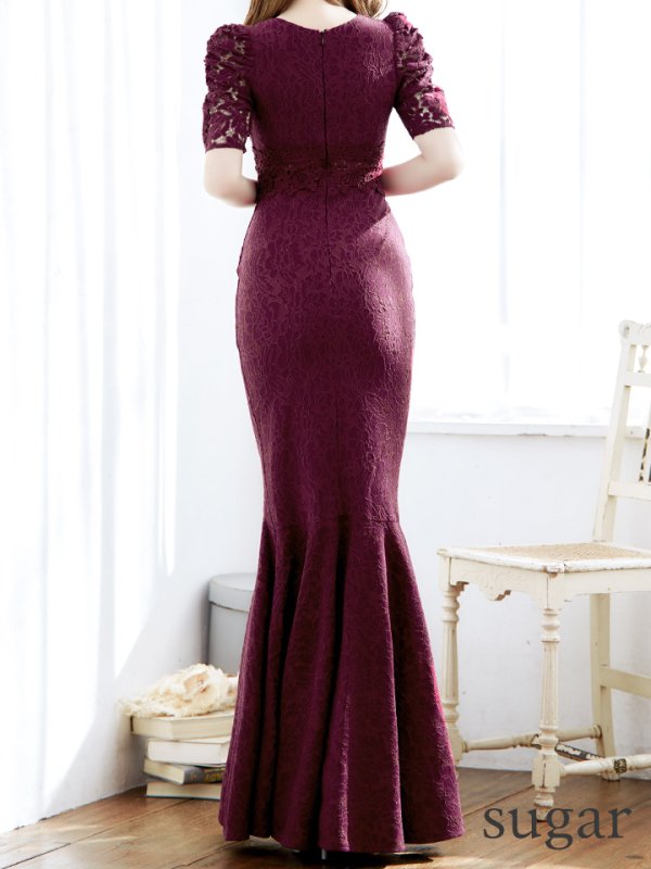 画像8: L-XLサイズあり【UNA VALERIE / ウナヴァレリェ】マーメイド/ 総レース/ Vネック/ 半袖/ 五分袖/ 袖あり/ 切り替えデザイン/ タック/ Aライン/ ロングドレス/ キャバドレス[OF05]