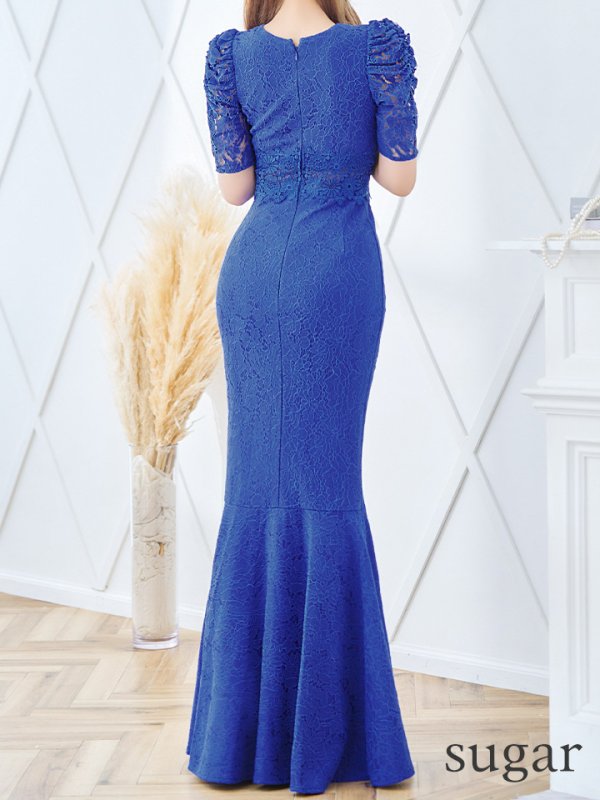 画像25: L-XLサイズあり【UNA VALERIE / ウナヴァレリェ】マーメイド/ 総レース/ Vネック/ 半袖/ 五分袖/ 袖あり/ 切り替えデザイン/ タック/ Aライン/ ロングドレス/ キャバドレス[OF05]