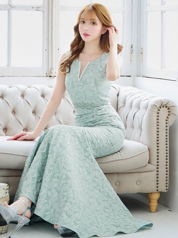 画像6: 【UNA VALERIE / ウナヴァレリェ】  フラワー/ ジャガード/ パール付き/ ノースリーブ/ マーメイド/ ロングドレス/ キャバドレス long[OF05]