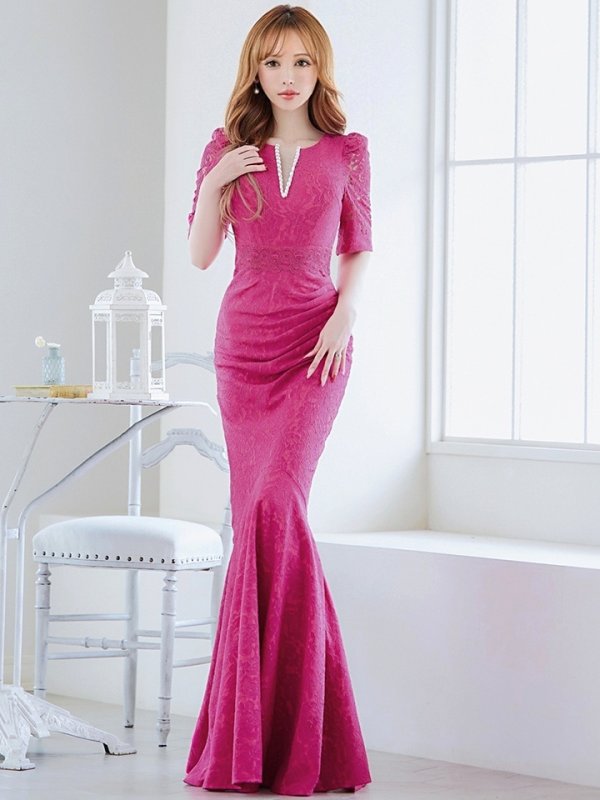 画像43: XLサイズあり【UNA VALERIE / ウナヴァレリェ】  総レース/ パール付き/ 袖あり/ 半袖/ マーメイド/ ロングドレス/ キャバドレス[OF05]