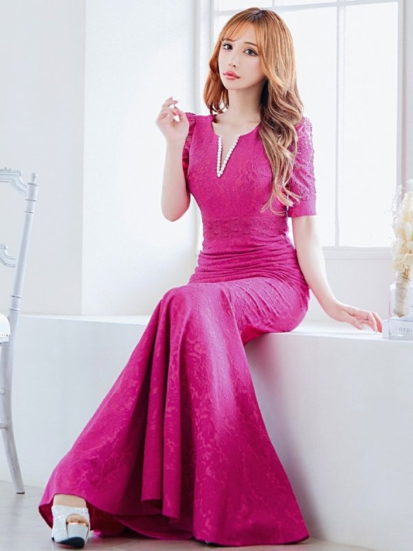 画像44: XLサイズあり【UNA VALERIE / ウナヴァレリェ】  総レース/ パール付き/ 袖あり/ 半袖/ マーメイド/ ロングドレス/ キャバドレス[OF05]