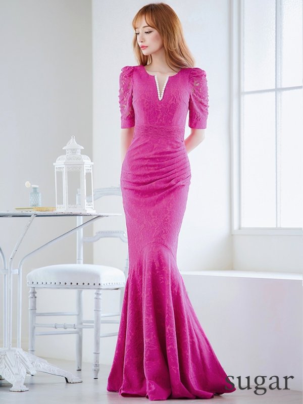 画像46: XLサイズあり【UNA VALERIE / ウナヴァレリェ】  総レース/ パール付き/ 袖あり/ 半袖/ マーメイド/ ロングドレス/ キャバドレス[OF05]