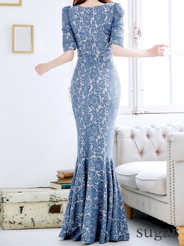 画像9: XLサイズあり【UNA VALERIE / ウナヴァレリェ】  総レース/ パール付き/ 袖あり/ 半袖/ マーメイド/ ロングドレス/ キャバドレス[OF05]