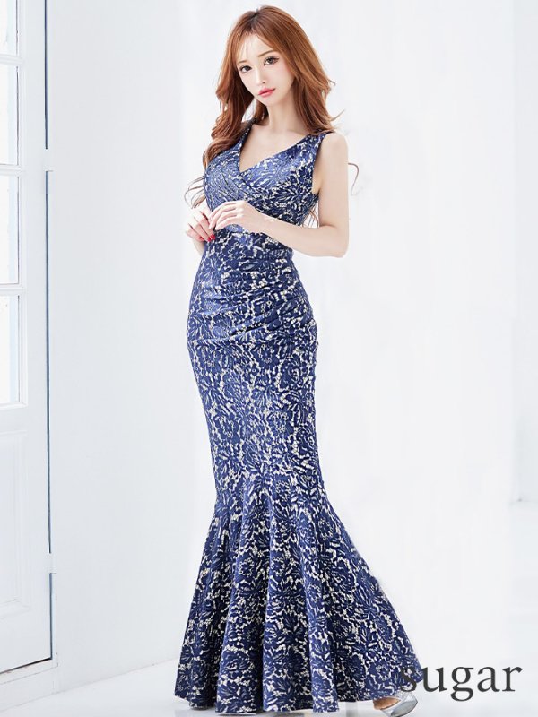 画像7: Lサイズあり【UNA VALERIE / ウナヴァレリェ】マーメイド/ 総レース/ Vネック/ ノースリーブ/ タック/ ロングドレス/ キャバドレス[OF05]