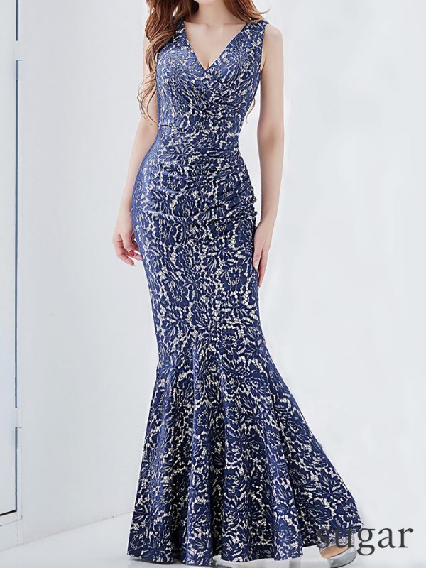 画像8: Lサイズあり【UNA VALERIE / ウナヴァレリェ】マーメイド/ 総レース/ Vネック/ ノースリーブ/ タック/ ロングドレス/ キャバドレス[OF05]