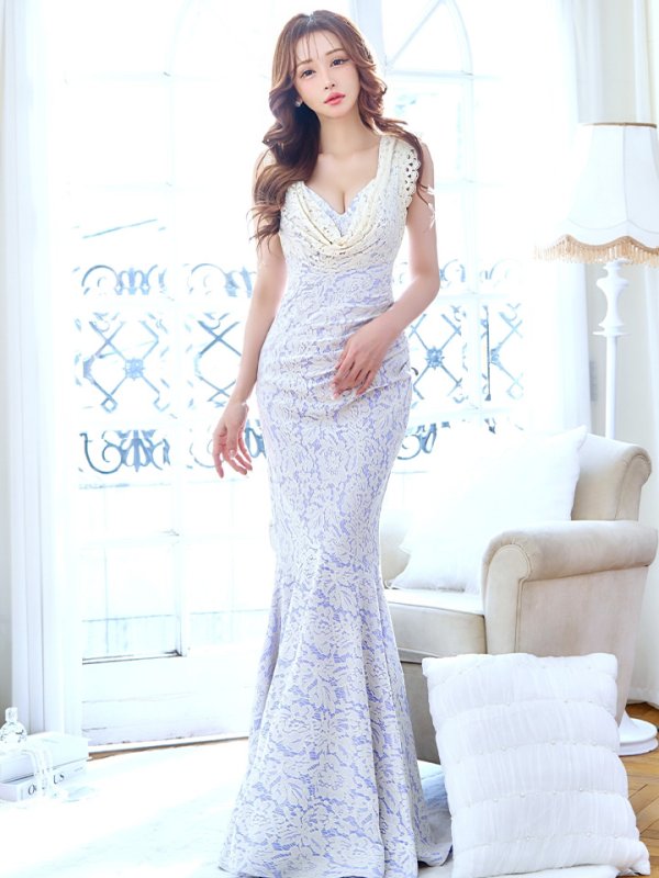 画像15: 【UNA VALERIE / ウナヴァレリェ】 フラワーレース / ドレープ/ ウエストタック/ ノースリーブ/ マーメイド/ ロングドレス/ キャバドレス long[OF05]