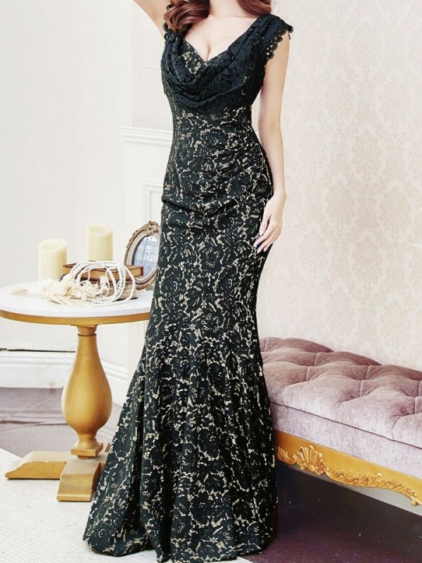 画像44: 【UNA VALERIE / ウナヴァレリェ】 フラワーレース / ドレープ/ ウエストタック/ ノースリーブ/ マーメイド/ ロングドレス/ キャバドレス long[OF05]