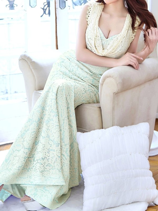 画像3: 【UNA VALERIE / ウナヴァレリェ】 フラワーレース / ドレープ/ ウエストタック/ ノースリーブ/ マーメイド/ ロングドレス/ キャバドレス long[OF05]