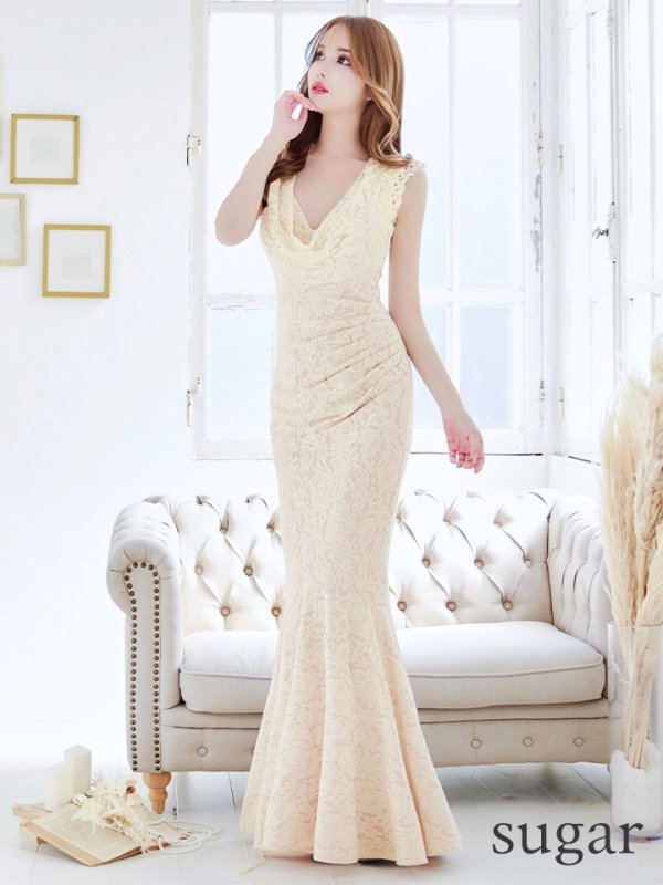 画像29: 【UNA VALERIE / ウナヴァレリェ】 フラワーレース / ドレープ/ ウエストタック/ ノースリーブ/ マーメイド/ ロングドレス/ キャバドレス long[OF05]