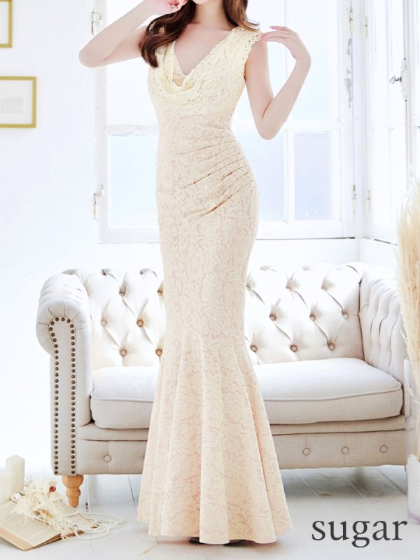 画像33: 【UNA VALERIE / ウナヴァレリェ】 フラワーレース / ドレープ/ ウエストタック/ ノースリーブ/ マーメイド/ ロングドレス/ キャバドレス long[OF05]